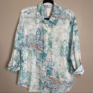 Chicos Lightweight Button Up Shirt Size 3 Blue White Eyelet Back Long Sleeve